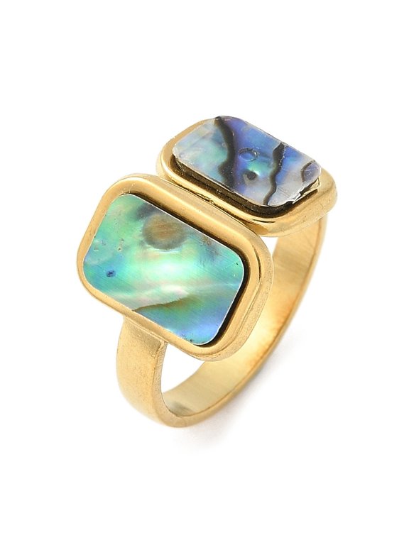 18K-Plated Stainless Steel Rectangle Square Adjustable Cuff Ring Gold Paua Shell R188