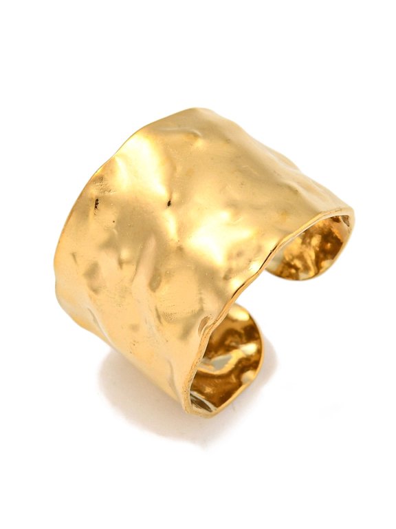 Gold-Tone Stainless Steel Wide Band Hammered Adjustable Open Cuff Ring Gold R268