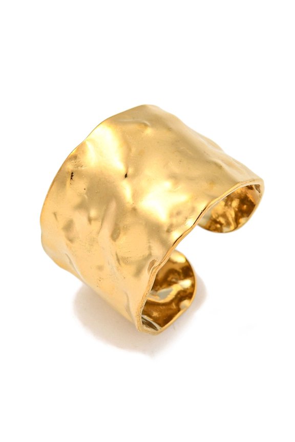 18K-Plated Stainless Steel Wide Band Hammered Adjustable Open Cuff Ring Gold R268