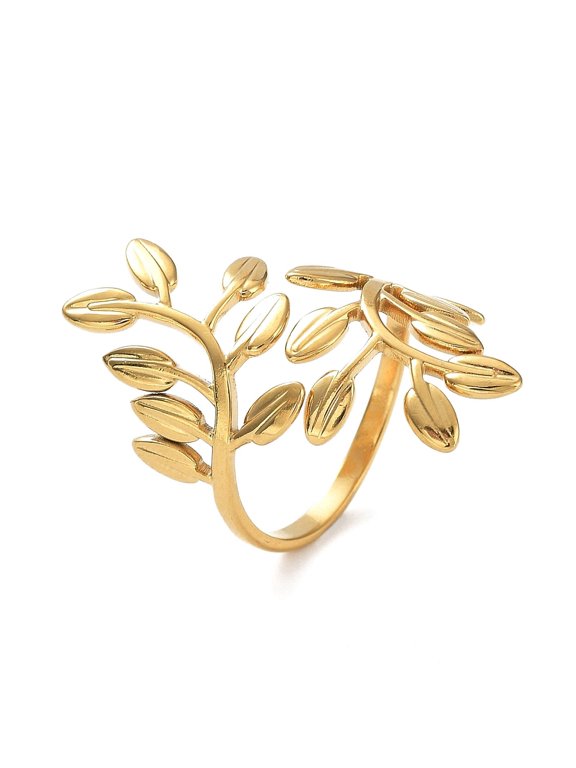 Gold-Tone Stainless Steel Wide Band Leaf Shiny Adjustable Open Cuff Ring Gold R149