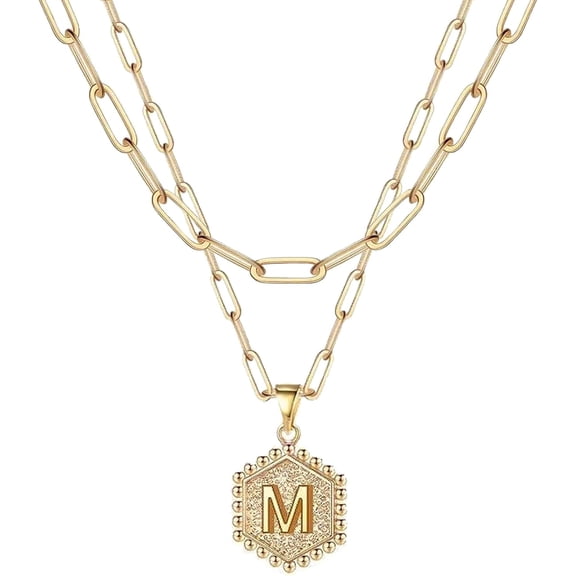 18K Pro Gold Plated Layered Initial A-Z Pendant Necklaces Paper Clip Chain Hexagon Letter Pendant Chunky Gold Necklaces for Women[x582]