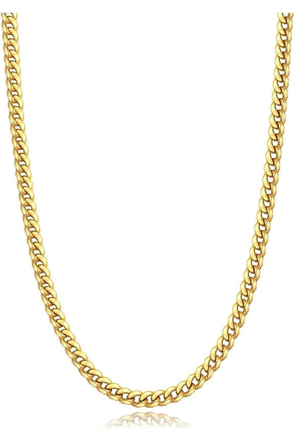 18K Real Gold Plated Necklace, 4mm Cuban Link Chain Necklace for Men Women 18-26 Inch