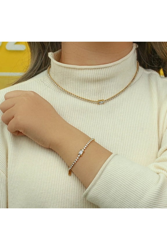 18K Real Gold Plated Square Zircon Tennis Chain Bracelet Necklace