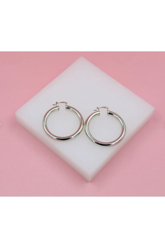 18K Rhodium Filled 5mm Latch Back Wide Hoop Earrings (J11-13)