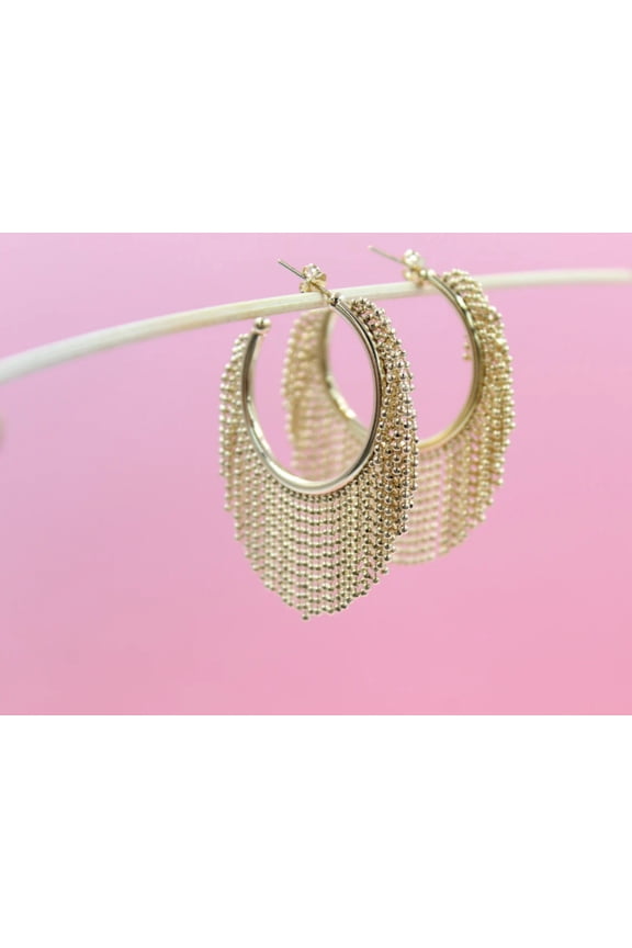 18K Gold Filled Open Hoop Dangle Drop Diamond Cut Ball Tassel Earrings (K213)