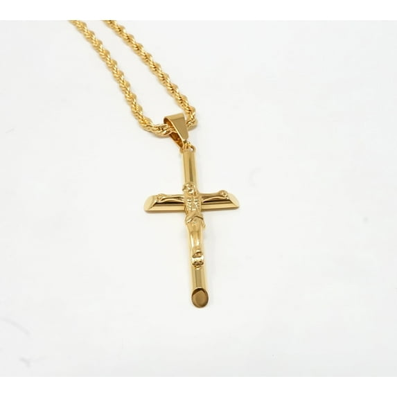 18K Rope Gold Filled Cross Crucifix Pendant Necklace for Men Women Wife Husband Religious Fashion Jewelry