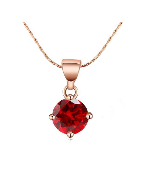 18K Rose Gold 1 Carat Created Ruby Round Stud Necklace Plated 18 inch
