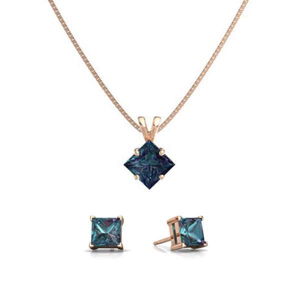 18K Rose Gold 2ct Alexandrite Square 18 Inch Necklace & Earrings Set Plated For Adult Female