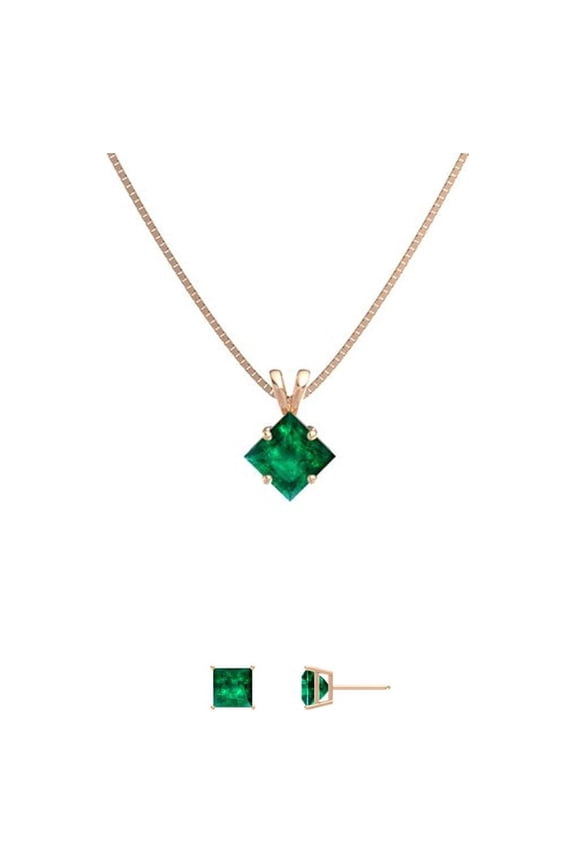 18K Rose Gold 3Ct Emerald Square 18 inch Necklace and Earrings Set Plated Women