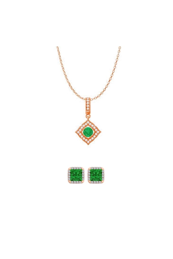 18K Rose Gold 3ct Halo Emerald Square 18 Inch Necklace and Halo Earrings Set Plated