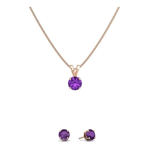 18K Rose Gold 4ct Amethyst Round 18 Inch Necklace and Earrings Set Plated