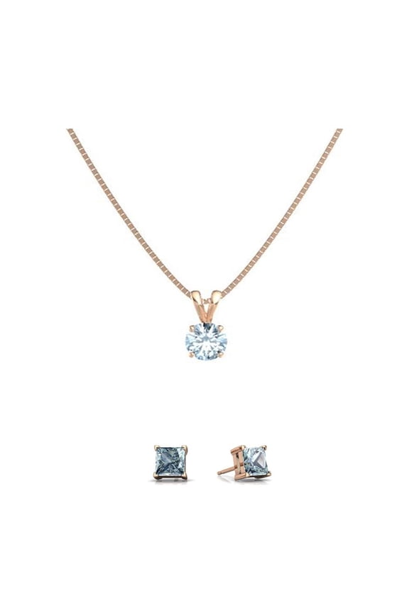 18K Rose Gold 4Ct Aquamarine Round 18 inch Necklace & Square Earrings Set Plated Women