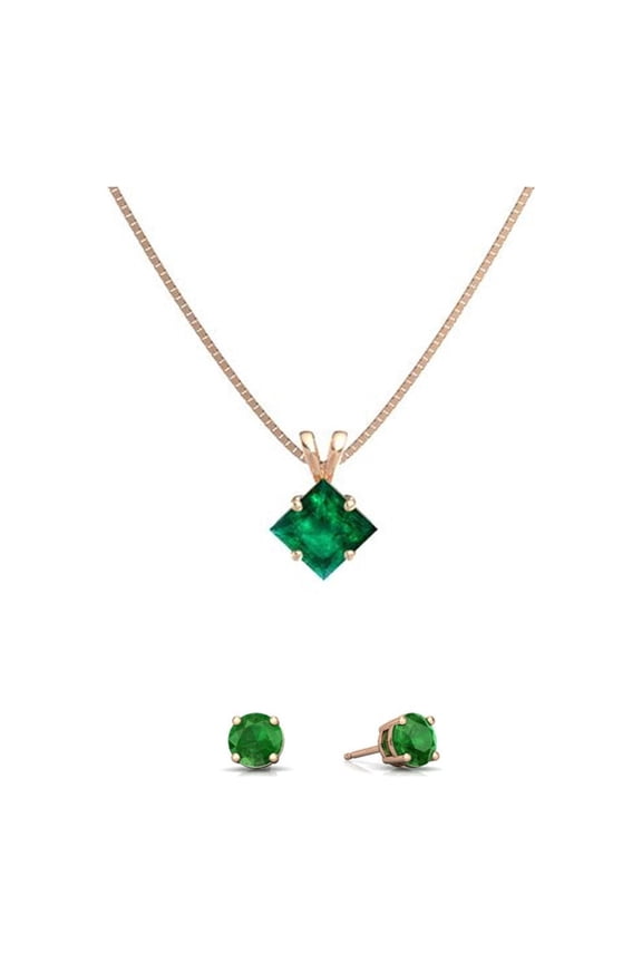 18K Rose Gold 4Ct Emerald Square 18 inch Necklace and Round Earrings Set Plated Women