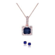 PJ Jewelry 4ct Halo Blue Sapphire Round 18 Inch Necklace and Square Earrings Set