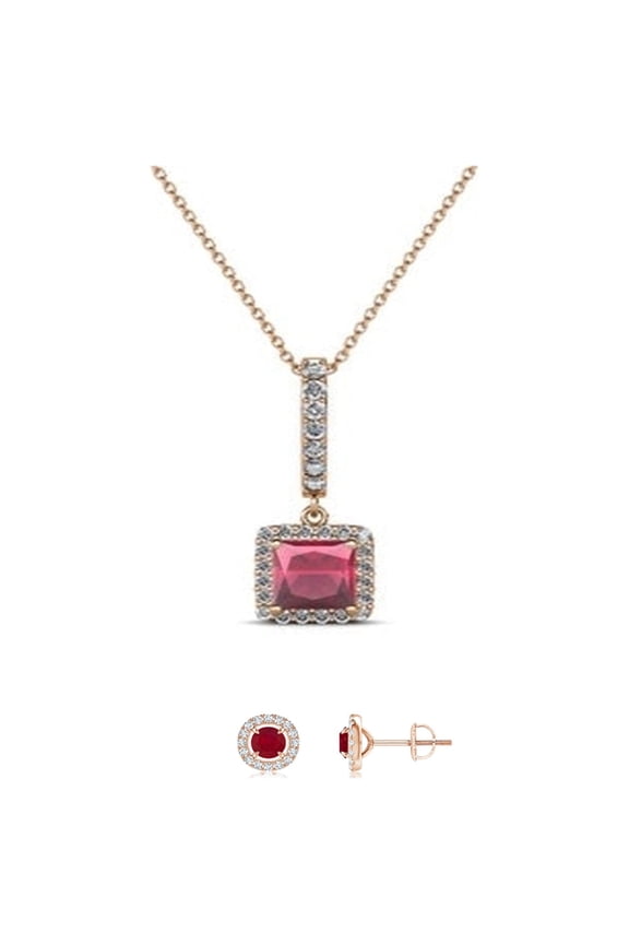 18K Rose Gold 4ct Halo Ruby Square 18 inch Necklace & Round Earrings Set Plated Women
