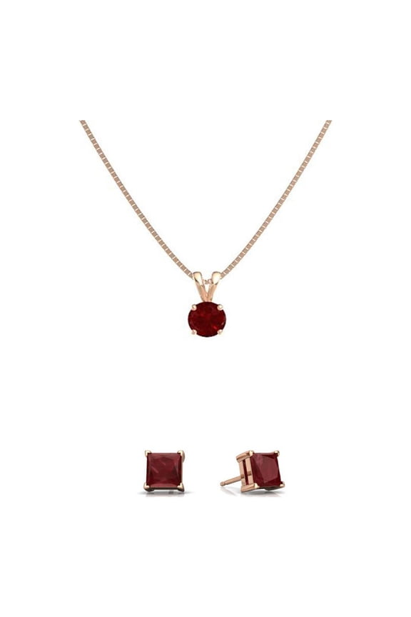 18K Rose Gold 4Ct Ruby Round 18 inch Necklace and Square Earrings Set Plated Women