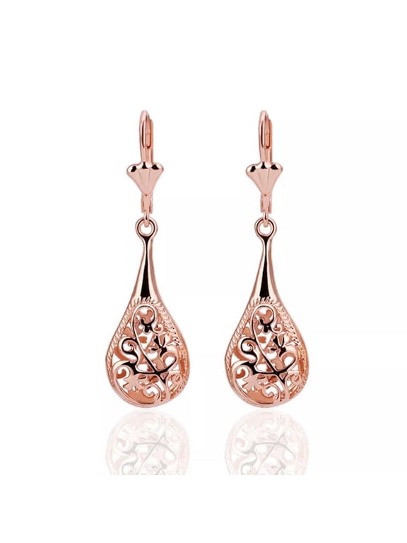 Rose Gold Plated Filigree Teardrop Lever Back Drop Dangle Earrings L130