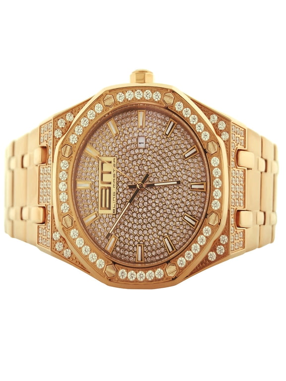 18K Rose Gold Finish Solid Stainless Steel Classic Dial Simulated Diamond Mens Bling Master Analog Custom Watch
