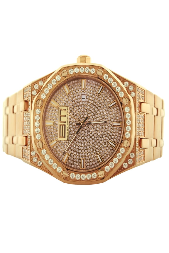 18K Rose Gold Finish Solid Stainless Steel Classic Dial Simulated Diamond Mens Bling Master Analog Custom Watch