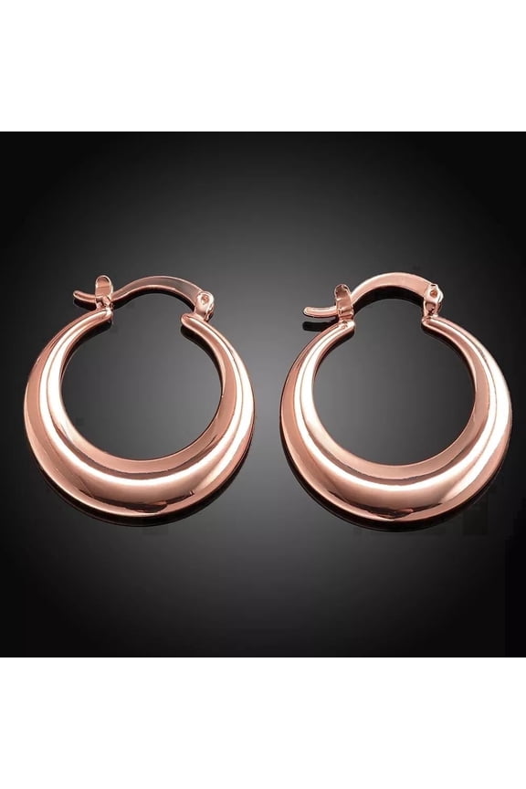 Rose Gold Plated Textured Hoop Earrings Latch Back 31x27mm Polished Smooth Concentric Circles L125