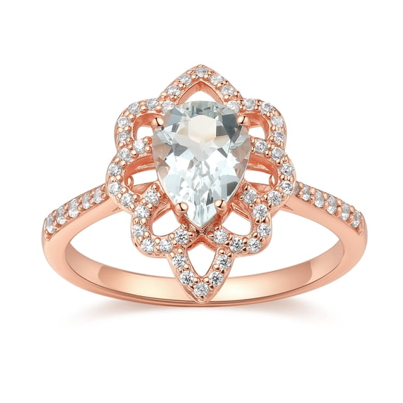 18K Rose Gold Pear Shape Created Aquamarine Cubic Zirconia Hollow Flower Engagement Ring