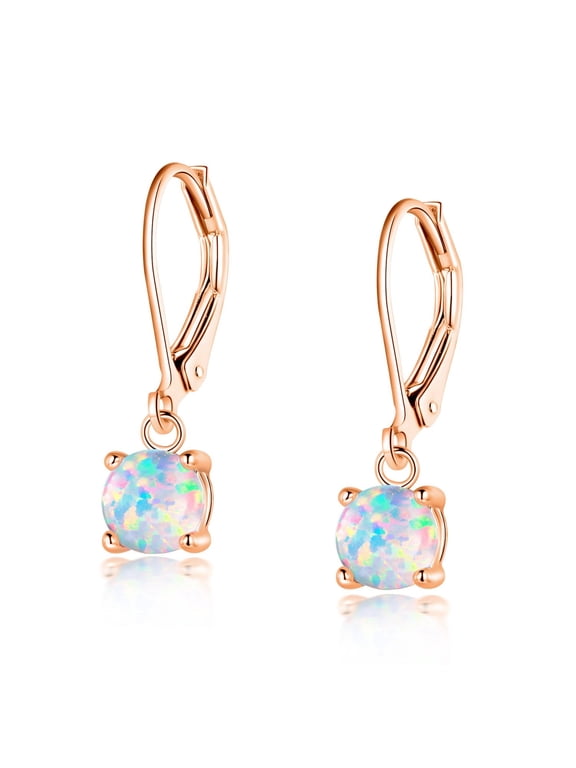 18K Rose Gold Plated 6mm Round White Fire Opal Birthstone Leverback Earrings for Women