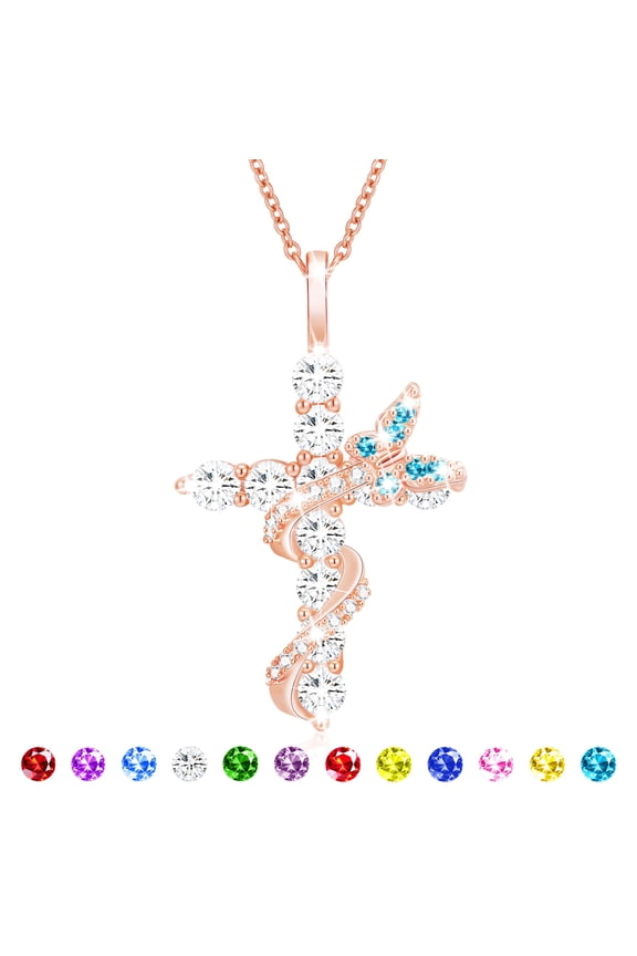 18K Rose Gold Plated Butterfly Cross Necklaces for Women Girls December Birthstone Pendant Chain with Blue Tanzanite Birthday Valentines Day Jewelry Gifts Teen Her Girlfriend Adults Kids Ideas