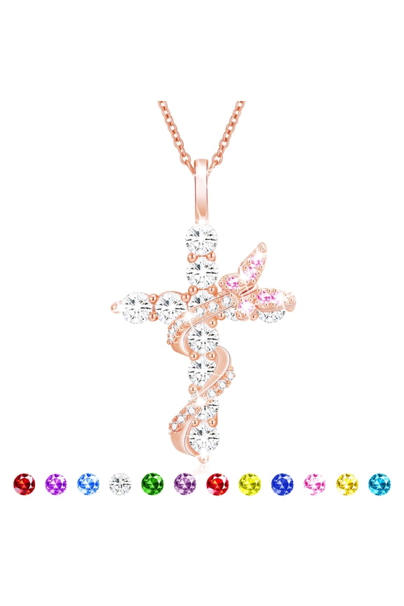 18K Rose Gold Plated Butterfly Cross Necklaces for Women Girls Octorber Birthstone Pendant Chain with Pink Tourmaline Birthday First Communion Mothers Day Jewelry Gifts Teen Her Mom Kids