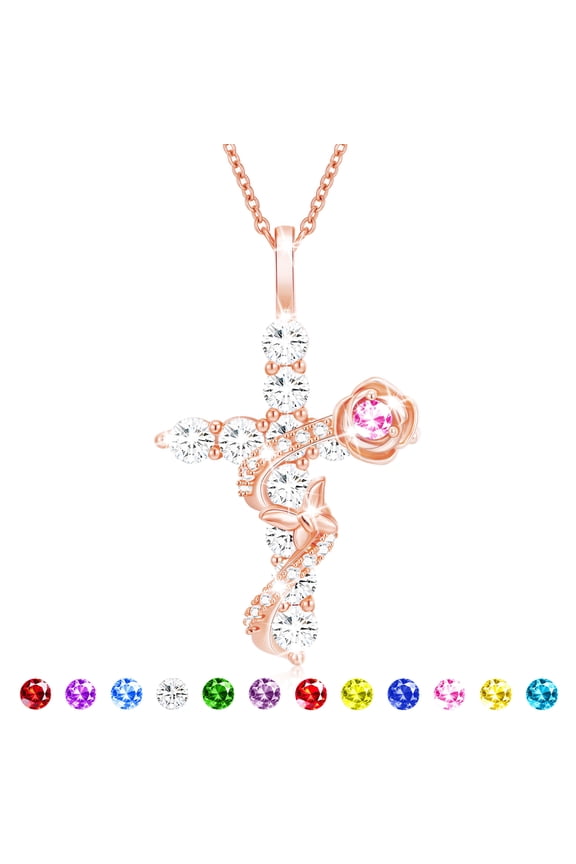18K Rose Gold Plated Rose Cross Necklaces for Women Girls Octorber Birthstone Pendant Chain with Pink Tourmaline Birthday First Communion Easter Basket Stuffers Jewelry Gifts Teen Adults Kids