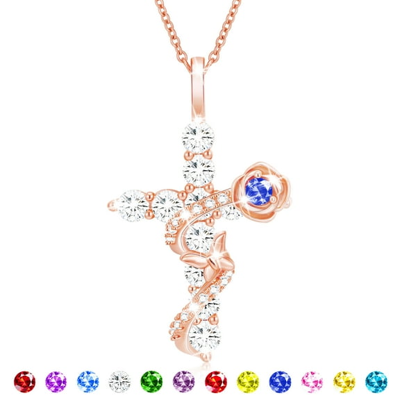 APSVO 18K Rose Gold Plated Rose Cross Necklaces for Women Girls September Birthstone Pendant Chain with Blue Sapphire Birthday Valentines Day Jewelry Gifts Teen Her Girlfriend Adults Kids Ideas