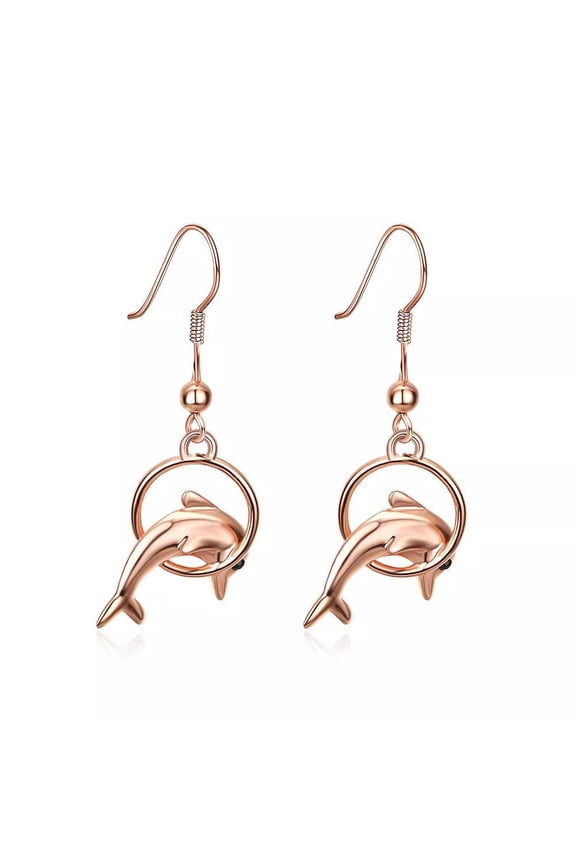 18K Rose Gold Plated Drop Dangle Earrings Fish Hook Dolphin 0.52 Inch Ear-Wire L192