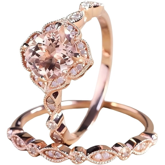 18K Rose Gold Plated Morganite Pink Crystal Ring Set for Women Wedding Bridal Jewelry Size-US 5