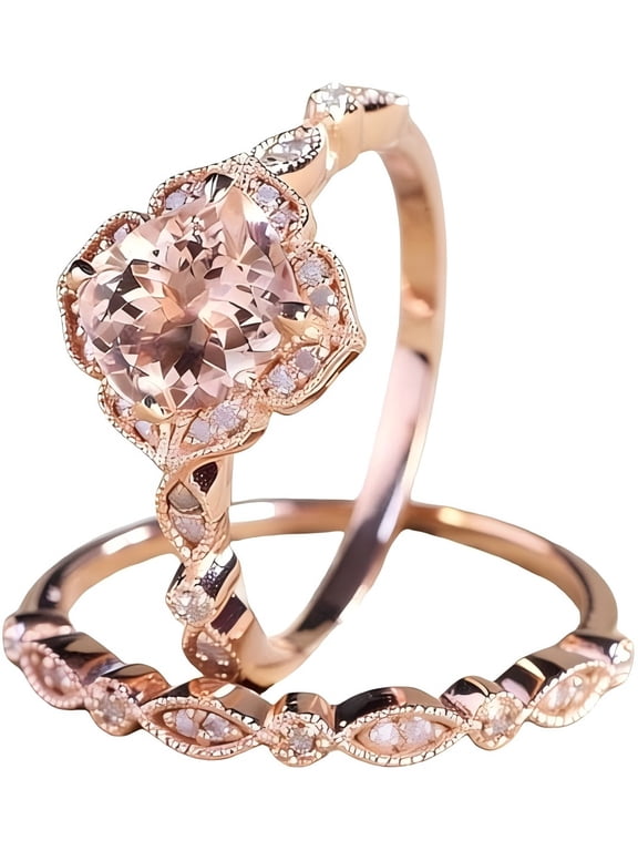 18K Rose Gold Plated Morganite Pink Crystal Ring Set for Women Wedding Bridal Jewelry Size-US 5