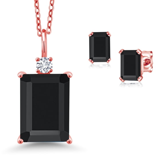 18K Rose Gold Plated Silver Black Onyx and White Lab Grown Diamond Pendant Necklace Earrings Set for Women (7.82 Cttw, Gemstone December Birthstone, Emerald Cut 14X10MM and 6X4MM, with 18 inch Chain)