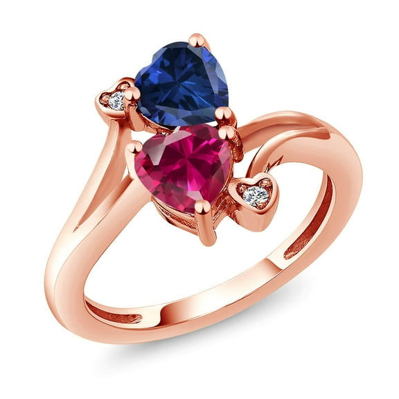 Gem Stone King 18K Rose Gold Plated Silver Blue Created Sapphire Red Created Ruby and White Moissanite Ring for Women (1.79 Cttw, Heart Shape 6MM, Gemstone September Birthstone, Size 9)