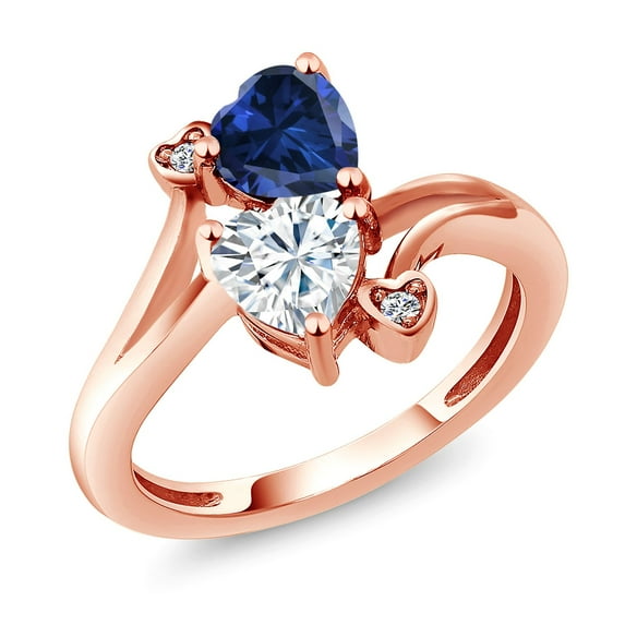 Gem Stone King 18K Rose Gold Plated Silver Blue Created Sapphire White Moissanite and White Lab Grown Diamond Ring for Women (1.63 Cttw, Heart Shape 6MM, Gemstone Birthstone, Size 9)
