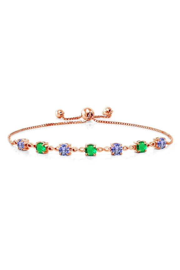 18K Rose Gold Plated Silver Blue Tanzanite and Green Nano Emerald Infinity Tennis Bracelet for Women (2.72 Cttw, Gemstone December Birthstone, Round 4.5MM, Fully Adjustable up to 9 inch)