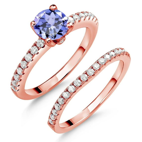 18K Rose Gold Plated Silver Blue Tanzanite and White Moissanite Wedding Engagement Band Bridal Set Ring for Women (1.39 Cttw, Gemstone December Birthstone, Available in Size 5, 6, 7, 8, 9)