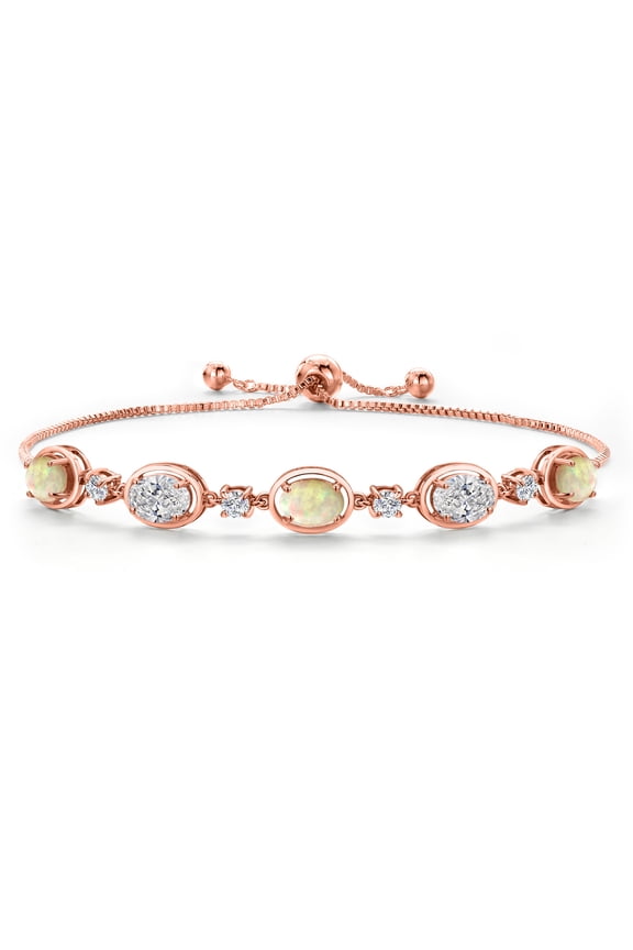 18K Rose Gold Plated Silver Ethiopian Opal and White Lab Grown Diamond and Moissanite Tennis Bracelet for Women | 2.93 Cttw | October Birthstone | Oval Cabochon 7X5MM | Fully Adjustable 10 inch