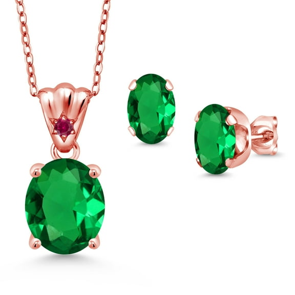 18K Rose Gold Plated Silver Green Nano Emerald and Red Created Ruby Pendant and Earrings Jewelry Set for Women (4.30 Cttw, Gemstone Birthstone, Oval 11X9MM and 8X6MM with 18 inch Silver Chain)