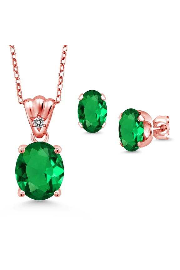 18K Rose Gold Plated Silver Green Nano Emerald and White Diamond Pendant and Earrings Jewelry Set for Women (4.28 Cttw, Gemstone Birthstone, Oval 11X9MM and 8X6MM with 18 inch Silver Chain)