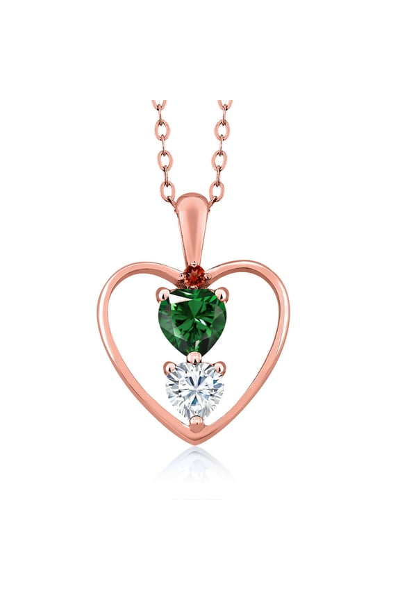 18K Rose Gold Plated Silver Green Nano Emerald White Moissanite and Red Garnet Pendant Necklace for Women (0.74 Cttw, Gemstone May Birthstone, Heart 5MM and 4MM, with 18 inch Silver Chain)