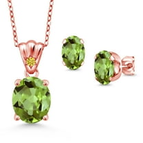 18K Rose Gold Plated Silver Green Peridot and Golden Yellow Zirconia Pendant and Earrings Jewelry Set for Women (5.87 Cttw, Gemstone Birthstone, Oval 11X9MM and 8X6MM with 18 inch Silver Chain)