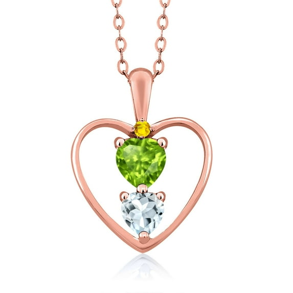 18K Rose Gold Plated Silver Green Peridot Sky Blue Aquamarine and Yellow Sapphire Pendant Necklace for Women (0.76 Cttw, Gemstone August Birthstone, Heart 5MM and 4MM, with 18 inch Silver Chain)