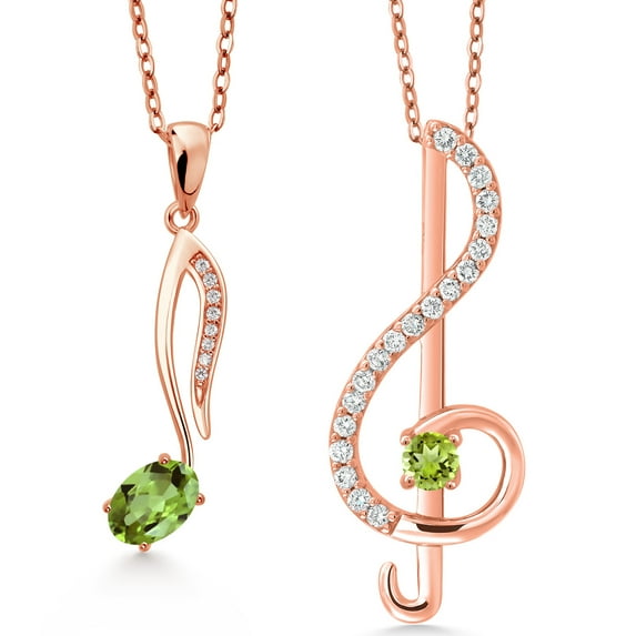 18K Rose Gold Plated Silver Green Peridot Treble Clef and Eighth Note 2 Pcs Music Pendant Necklace Jewelry Set for Women By Keren Hanan (0.97 Cttw, August Birthstone, Oval 6X4MM, Round 3MM)