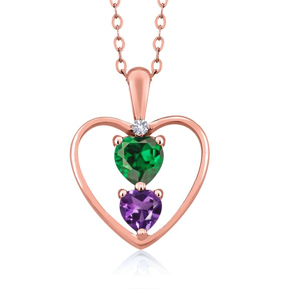 18K Rose Gold Plated Silver Green Zirconia Purple Amethyst and White Created Sapphire Pendant Necklace for Women (1.26 Cttw, Gemstone Birthstone, Heart 5MM and 4MM, with 18 inch Silver Chain)