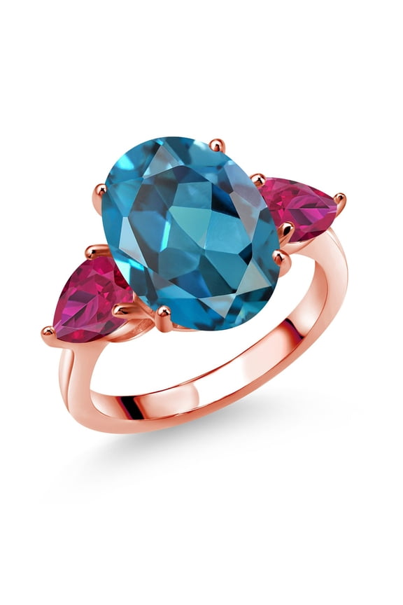 18K Rose Gold Plated Silver London Blue Topaz and Red Created Ruby Ring for Women (8.50 Cttw, 14X10MM Oval and 7X5MM Pear Shape, Gemstone November Birthstone, Size 5)