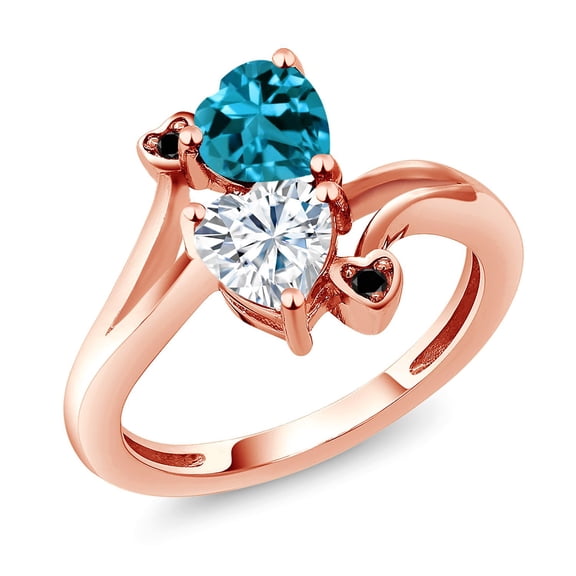 Gem Stone King 18K Rose Gold Plated Silver London Blue Topaz White Moissanite and Black Diamond Ring for Women (1.78 Cttw, Heart Shape 6MM, Gemstone November Birthstone, Size 6)