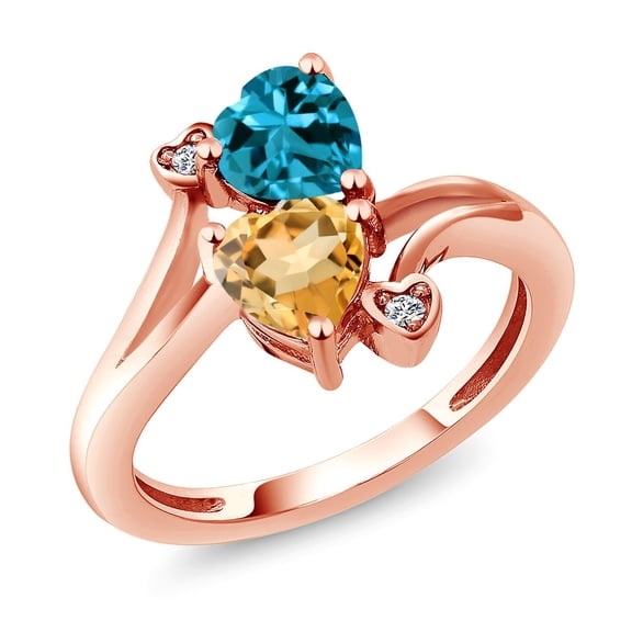Gem Stone King 18K Rose Gold Plated Silver London Blue Topaz Yellow Citrine and White Lab Grown Diamond Ring for Women (1.63 Cttw, Heart Shape 6MM, Gemstone November Birthstone, Size 8)