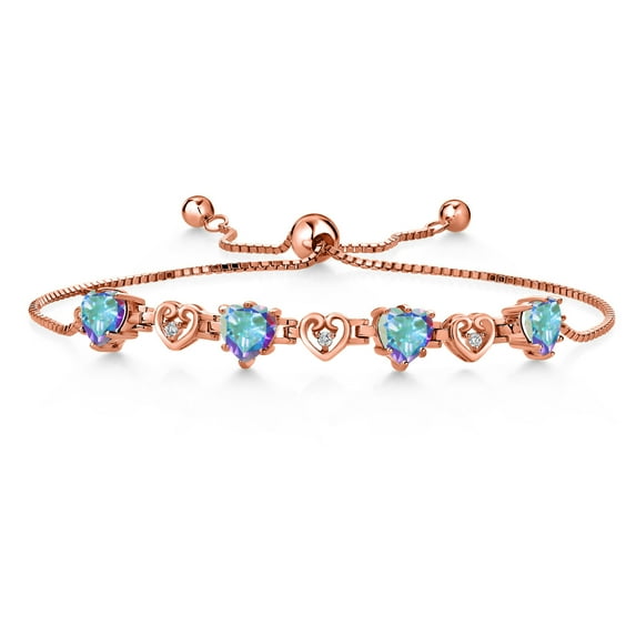 18K Rose Gold Plated Silver Mercury Mist Mystic Topaz and White Lab Grown Diamond Bracelet for Women (4.04Cttw, Gemstone November Birthstone, Heart Shape 6X6MM, Fully Adjustable up to 9 inches)